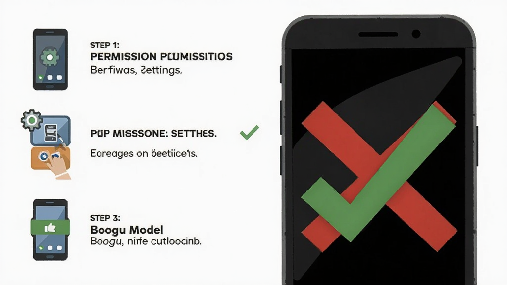 A smartphone troubleshooting guide illustration with a red cross over a black screen, a green checkmark for permission settings, step-by-step icons, clean flat design, Boogu model.