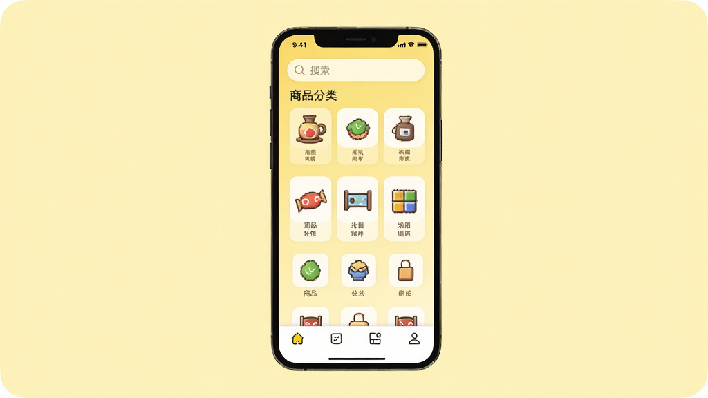 酒师兄 app 主界面,手机居中,背景淡黄色,顶部搜索栏,中间商品分类图标,底部导航栏,干净整洁,Boogu模型生成
