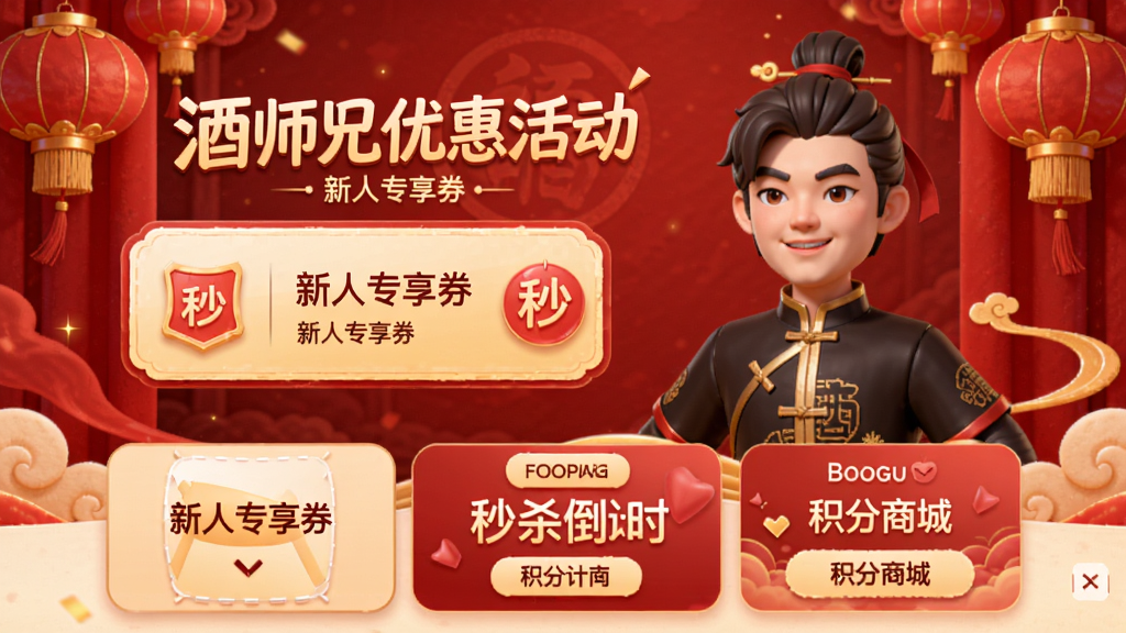 酒师兄优惠活动页,展示新人专享券、秒杀倒计时、积分商城入口,红色喜庆背景,Boogu模型生成