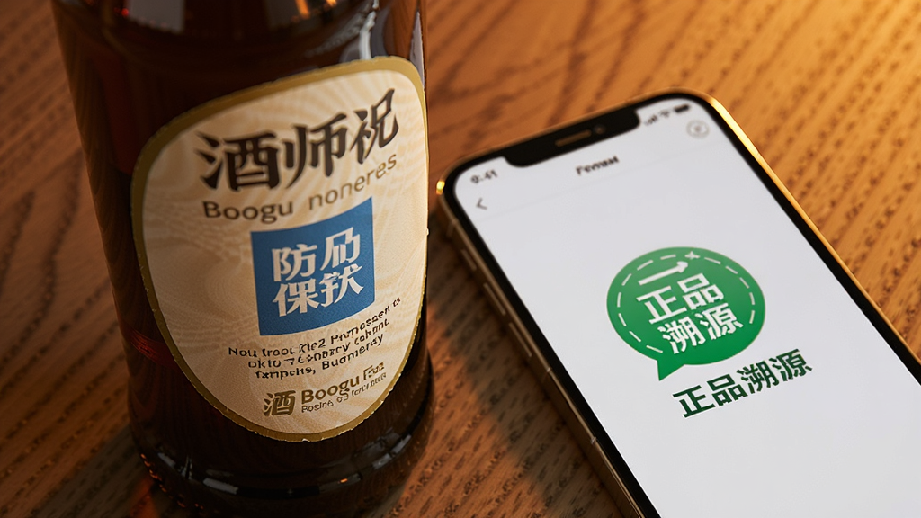 酒师兄正品保障功能,一瓶啤酒与防伪标签特写,手机屏幕显示“正品溯源”图标,木桌背景暖光,Boogu模型生成