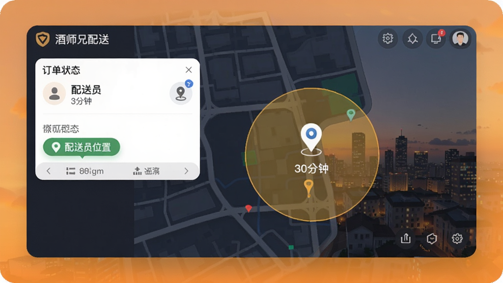 酒师兄配送界面,订单状态显示配送员位置,地图标记30分钟区域,傍晚城市背景,Boogu模型生成