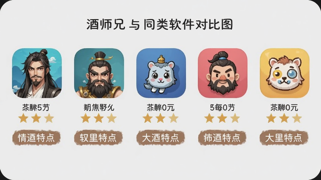 酒师兄与同类软件对比图,多款app图标并排,下方有评分和特点标签,浅灰色背景,Boogu模型生成