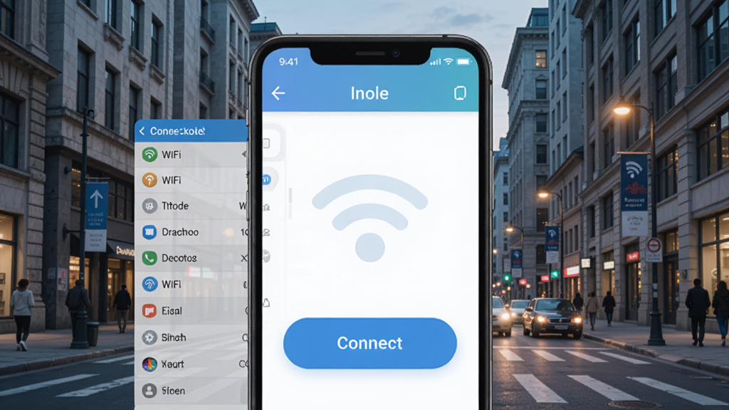 万能钥匙软件界面预览图,显示主界面WiFi列表,背景为城市街景,手机屏幕上有一个大的连接按钮,风格清新明亮,强调一键连接功能。