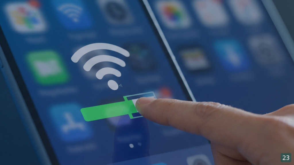 万能钥匙一键连接演示动画截图,手指点击屏幕上的WiFi图标,信号条逐渐满格,背景模糊处理,突出连接速度和简洁交互。