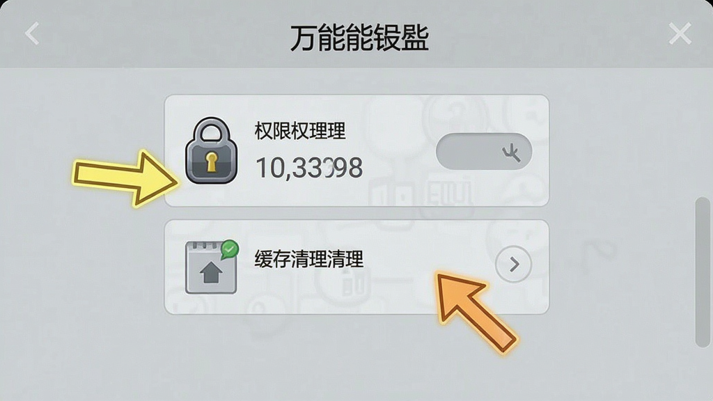 万能钥匙设置界面截图,显示权限管理和缓存清理选项,背景为浅灰色,突出操作步骤。