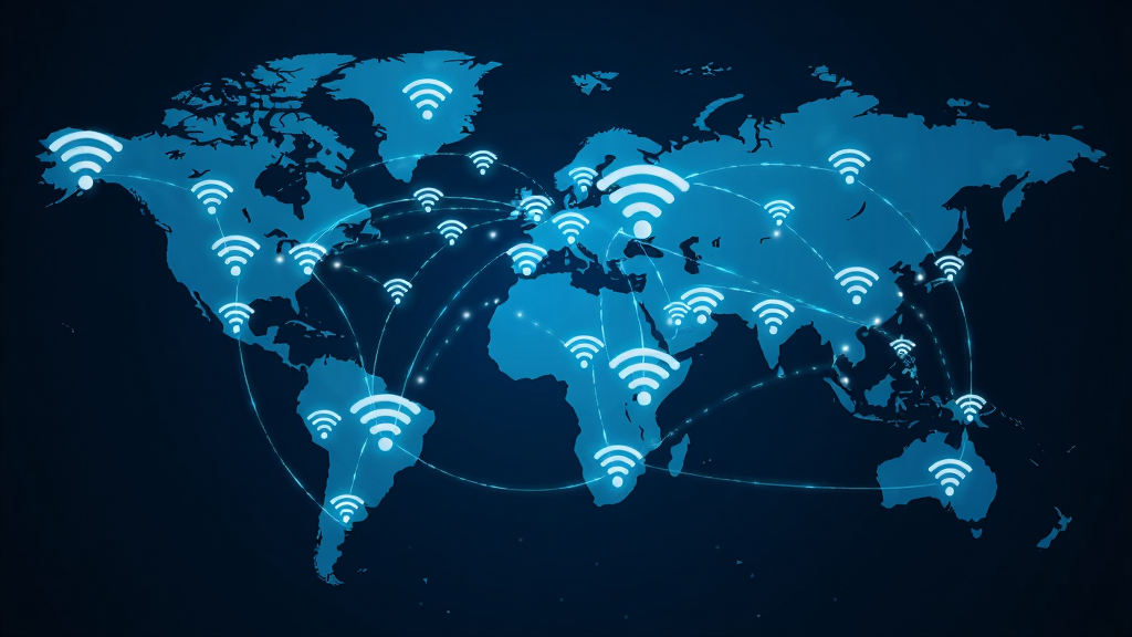 万能钥匙热点覆盖地图,世界地图上散布着发光的WiFi图标,连接线形成网络,背景深蓝色,突出全球覆盖和实时更新。