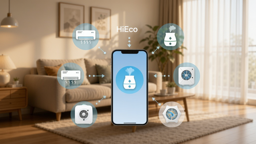 HiEco智能场景联动,多个智能设备图标围绕手机,包括空调、加湿器、新风系统,背景是家庭客厅,光线柔和,体现智能家居互联。