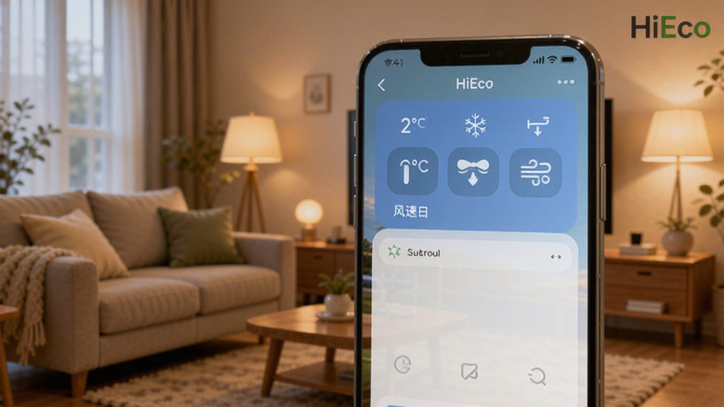 HiEco智能家居控制界面,手机屏幕显示空调控制面板,背景是温馨的客厅,暖色调灯光,界面简洁现代,显示温度、模式、风速等图标,整体画面清晰明亮,适合Boogu模型生成。