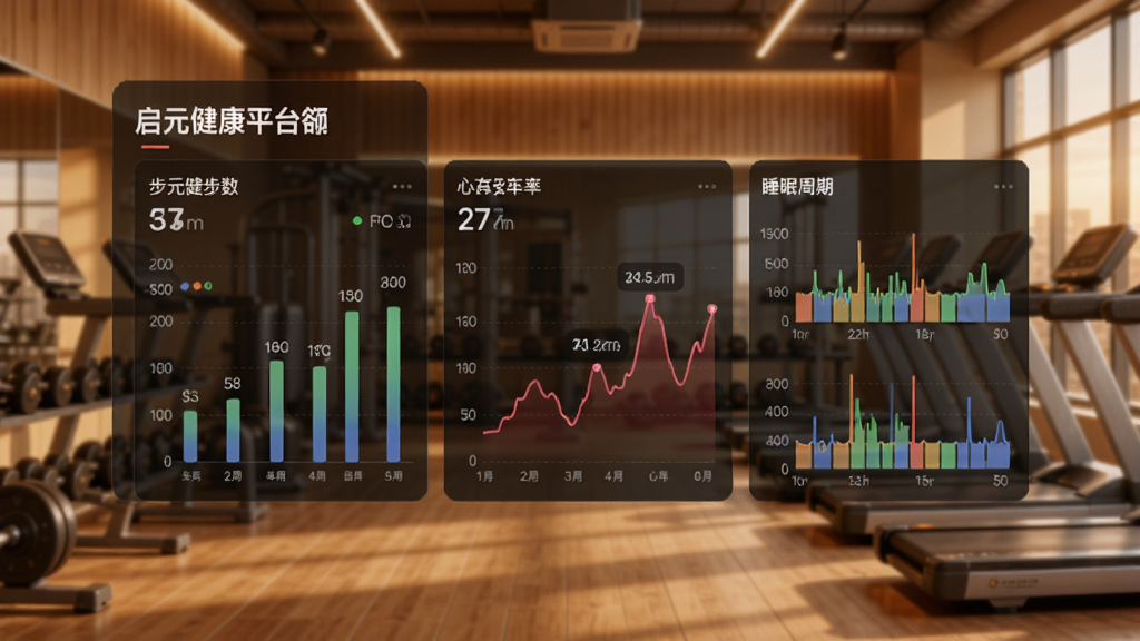 启元健康平台数据追踪界面,展示步数图表、心率曲线和睡眠周期,背景为健身房环境,色调温暖,突出数据可视化效果