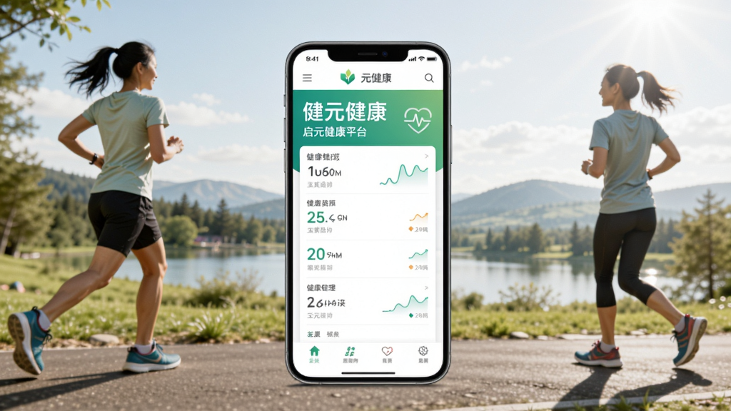 展示启元健康平台的首页界面,背景为户外运动场景,画面中心是手机屏幕显示健康数据概览,风格清新自然,突出健康管理主题