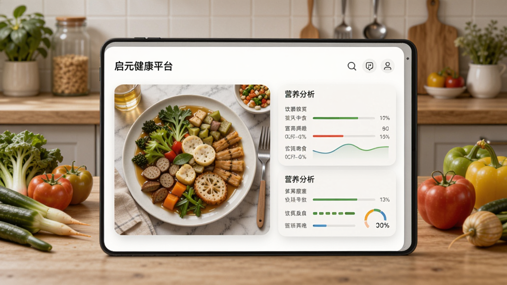 启元健康平台饮食记录界面,显示餐盘食物照片与营养分析,背景为厨房场景,搭配新鲜蔬果,风格写实生活化