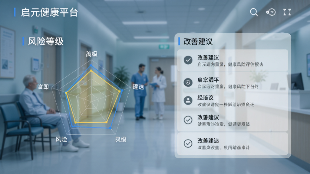 启元健康平台健康风险评估报告页面,展示风险等级雷达图和改善建议列表,背景为医院或诊所场景,色调专业冷静