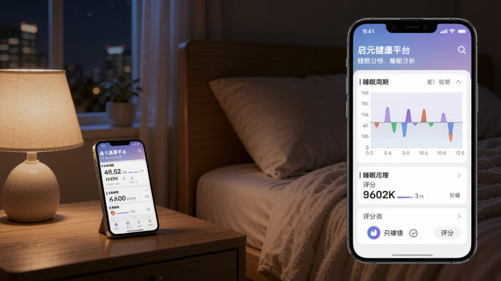 启元健康平台睡眠分析界面,展示睡眠周期图和评分,背景为卧室夜景,床头柜上手机显示分析结果,柔和光线,安静氛围