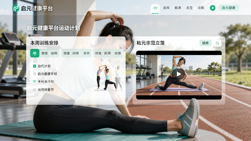 启元健康平台运动计划页面,显示本周训练安排和动作示范视频,背景为健身房或户外跑道,人物正在拉伸,界面简洁,带有启元健康平台品牌色