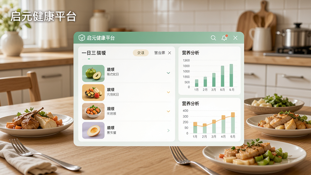 启元健康平台饮食管理界面,展示一日三餐食谱和营养分析图表,背景为厨房餐桌,食物摆盘精致,软件界面浮在桌面上,带“启元健康平台”文字