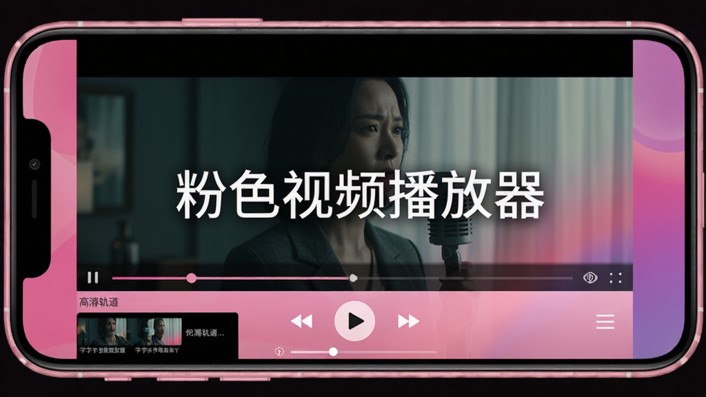粉色视频播放器播放高清电影的界面截图,手机横屏显示电影画面,背景是深色调,屏幕中央有播放控件,左下角显示字幕轨道,整体画面清晰明亮,突出软件名称“粉色视频播放器”,坐标居中,背景为抽象渐变粉紫色。