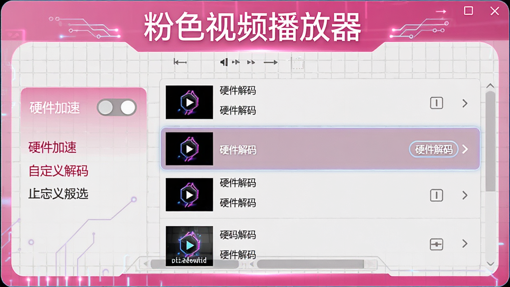 粉色视频播放器解码设置界面,显示硬件加速开关和自定义解码选项,背景为浅灰网格,界面中心有一个视频文件列表,其中一个文件被选中并显示“硬件解码”标签,整体风格科技感,突出软件名称“粉色视频播放器”。