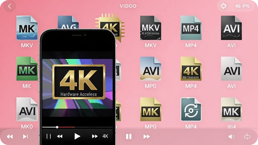 ��ɫ��Ƶ������������棬��̨��ʾ������Ƶ��ʽͼ�꣨MKV��MP4��AVI�ȣ���ǰ̨�ֻ���Ļ������4K������Ƶ������ϸ���޾�ݣ���Χ��Ӳ�����ٱ�ʶ����ɫ���䱳��