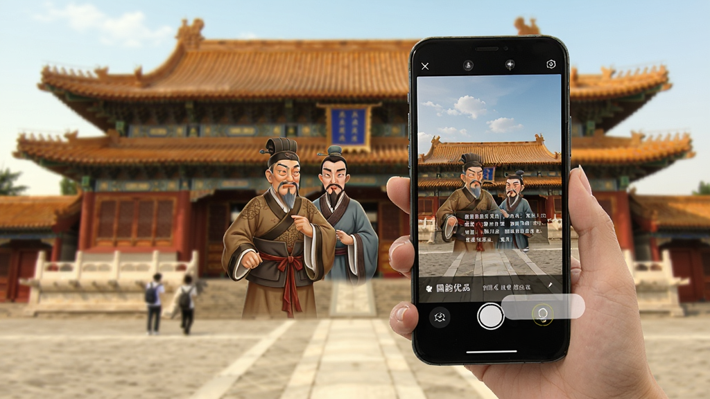 国韵优品景点导览功能预览图,用户手持手机面对古建筑,屏幕显示AR叠加的历史人物动画和文字介绍,画面明亮清晰,色彩温暖。