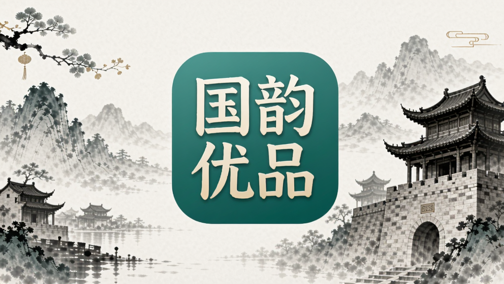 国韵优品主界面展示,画面中央是国韵优品APP图标与品牌色,背景为水墨山水与古城楼,整体古风雅致,适配Boogu模型生成。