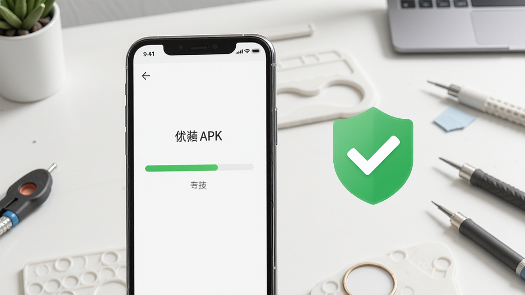 国韵优品安装步骤示意,手机屏幕显示正在安装APK,进度条过半,旁边有打勾的安全认证图标,背景为干净的工作台。