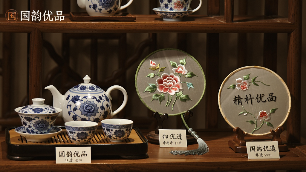 国韵优品非遗商品页面,展示青花瓷茶具、苏绣团扇等精美手工艺品,背景为木质展架,光线柔和突出质感,商品标签清晰可见。