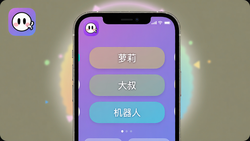 变声器(免费版)主界面预览图,画面中央是一部手机屏幕,显示变声器应用的主界面,背景为渐变的紫色,左上角有软件logo,屏幕上有“萝莉”“大叔”“机器人”等音色按钮,周围有柔和的光晕,整体风格清新活泼,适配Boogu模型生成。