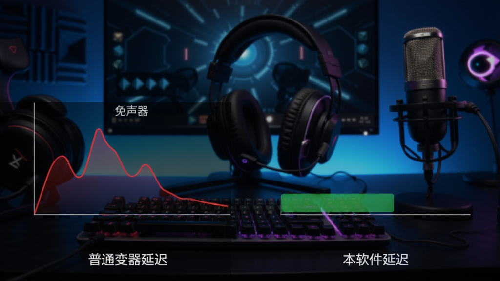 变声器(免费版)实时变声延迟对比图,左侧显示普通变声器延迟图示(红色高亮),右侧显示本软件延迟(绿色低条形),背景有游戏耳机和麦克风元素,风格科技感,适配Boogu模型生成。