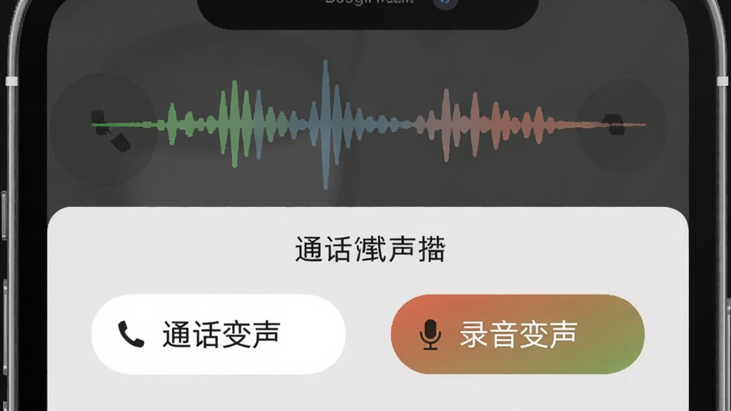 变声器(免费版)通话模式切换示意图,手机屏幕上显示两个模式按钮“通话变声”和“录音变声”,上方有模拟的通话波形动画,背景为浅灰色,整体简洁明了,适配Boogu模型生成。