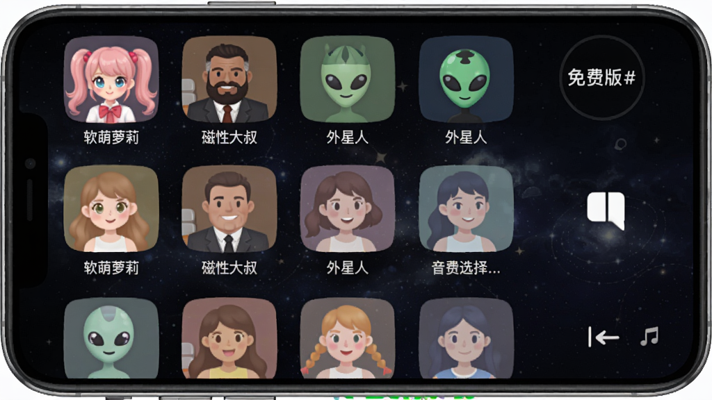 变声器(免费版)音色选择界面,手机屏幕上显示网格状音色列表,包含“软萌萝莉”“磁性大叔”“外星人”等图标,每个图标下方有名称,背景为深色星空,整体美观直观,适配Boogu模型生成。