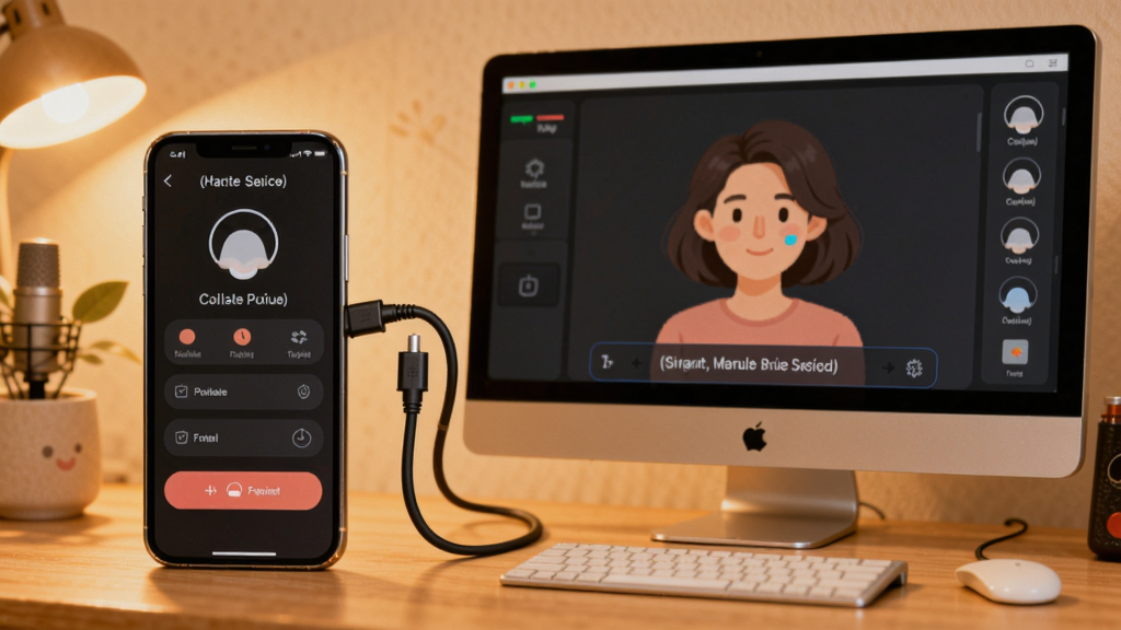 变声器(免费版)使用指南配图,画面展示一部手机和一个电脑屏幕,手机屏幕显示变声器设置界面,电脑屏幕显示模拟器中运行的变声器,中间有连接线,整体温馨教学风格,适配Boogu模型生成。