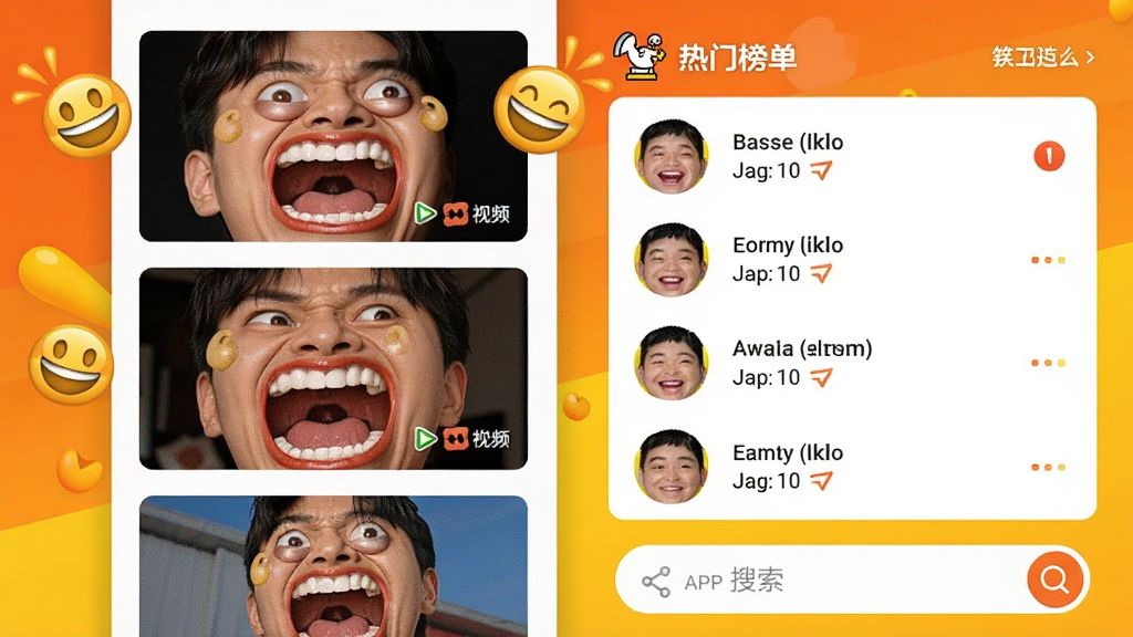 Ц��ôAPP�����棬��������Ÿ�Ц��Ƶ�б���ÿ����������ű�������Ҳ������Ű񵥺������򣬱����������ĳ�ɫ�ͻ�ɫ���䣬�����Χ���ɻ��죬����ƫ��ͨ���зɽ���Ц��emojiװ��