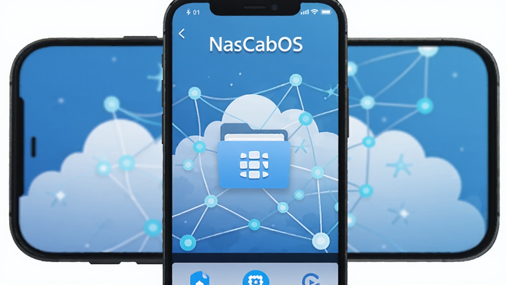 手机屏幕显示NasCabOS主界面,背景有云朵和网络节点,画面中心是文件管理图标,整体色调蓝白相间,科技感十足