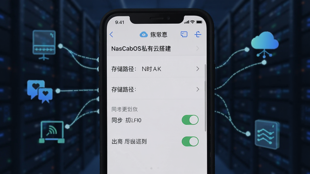 NasCabOS私有云搭建步骤截图,手机屏幕上显示存储路径选择和同步开关,背景有网络连接示意线