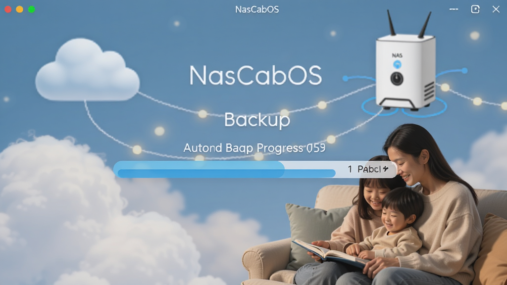 NasCabOS备份界面,显示手机相册自动备份进度条,背景有云朵和NAS设备图标,温馨家庭氛围,适配Boogu模型