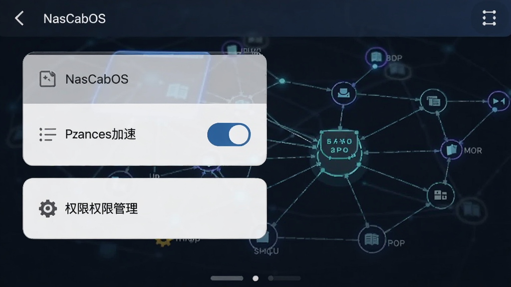 NasCabOS手机端设置界面,显示局域网加速开关和权限管理选项,背景为网络拓扑图,简洁科技风,适配Boogu模型