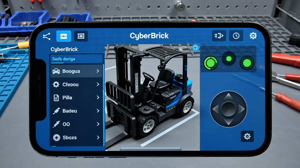 CyberBrick主界面截图展示手机操控叉车模型,背景为工作台,画面中心为CyberBrick app控制面板,左侧列出连接设备列表,右侧显示虚拟摇杆和状态指示灯,整体风格科技感蓝色调,细节清晰适合Boogu模型生成
