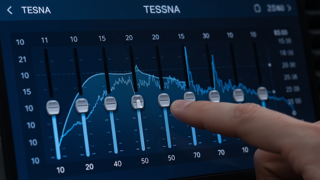 TESNA���������ڽ��棬��ʾ10��Ƶ�㻬�飬�û���ָ�����϶�����һ��Ƶ�㣬����Ϊ����Ƶ������ʾ��ͼ��ɫ���ԿƼ���Ϊ����ͻ��רҵ�������ܡ�