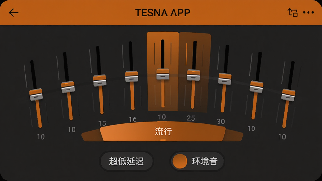 TESNA APP��Ч���ڽ��棬10�ξ���������ʻ������У���ǰѡ�С����С�Ԥ�裬�·��С������ӳ١��͡����������������⿪�أ�������ɫΪ��ɫ����ң�����۽��ڻ���ϸ��
