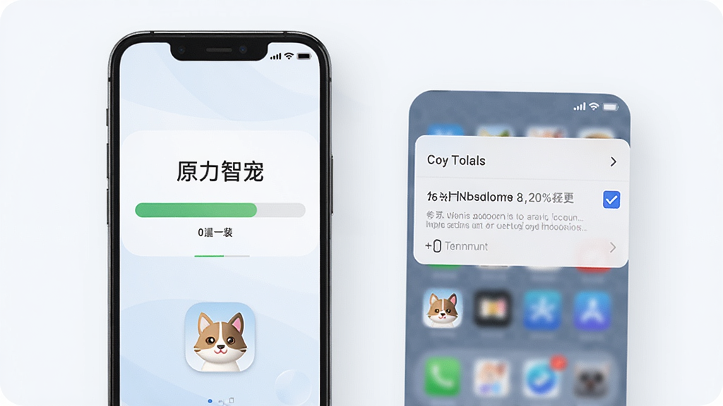 原力智宠手机安装教程示意,手机屏幕显示安装进度条,旁边有一个勾选“允许未知来源”的设置界面,桌面图标是宠物头像,背景简洁