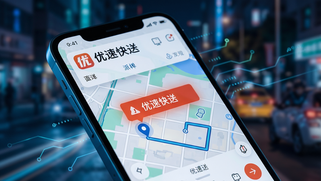 一张手机屏幕截图特写,显示优速快送APP派单界面,地图上显示骑手位置和路线,闪烁的派单提示,背景虚化突出软件UI,整体科技感强,优速快送logo醒目