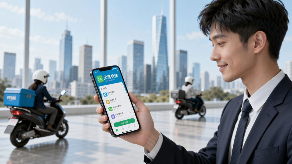 画面展示一位年轻白领在办公室通过手机优速快送APP下单寄送文件,背景是城市天际线和穿梭的骑手,画面色彩明亮干净,突出便捷与高效,软件名称优速快送清晰可见,Boogu模型生成