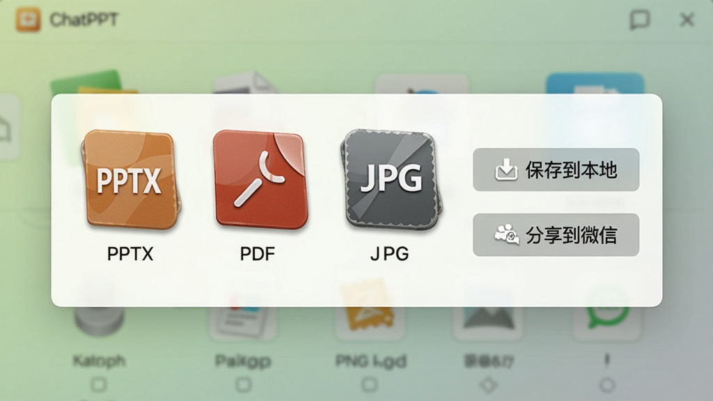 ChatPPT生成导出选项界面,弹出菜单展示PPTX、PDF、JPG、PNG等图标,旁边有“保存到本地”和“分享到微信”按钮,背景为浅绿色渐变,图标拟物化设计,清晰直观