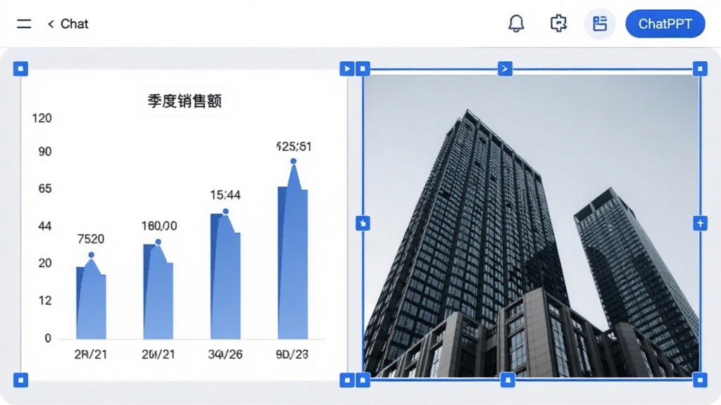 ChatPPT生成编辑页面,右侧插入了一张高楼大厦图片,下方有一个柱状图展示“季度销售额”,图片与图表周围有蓝色调整框,整体界面为浅灰背景,功能按钮清晰,体现AI智能配图与图表生成