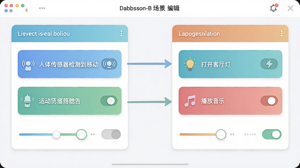 չʾ Dabbsson-B �����༭���棬����г������������硰���崫������⵽�ƶ��������Ҳ��г�ִ�ж������硰�򿪿����ơ������������֡������м��ü�ͷ���ӣ�������ÿ�Ƭʽ���֣�ɫ�����£����л���Ϳ��ؿؼ���