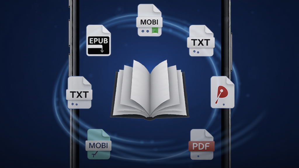 �Ƕ�������ʽ���ݽ��棬�ֻ���Ļ����ʾ�����ļ���ʽͼ�꣨EPUB��MOBI��TXT��PDF�����гɻ��Σ�������һ���򿪵��飬����Ϊ�������䣬������ͣ�ǿ�����ټ��صĶ���Ч����Boogu��ͼ