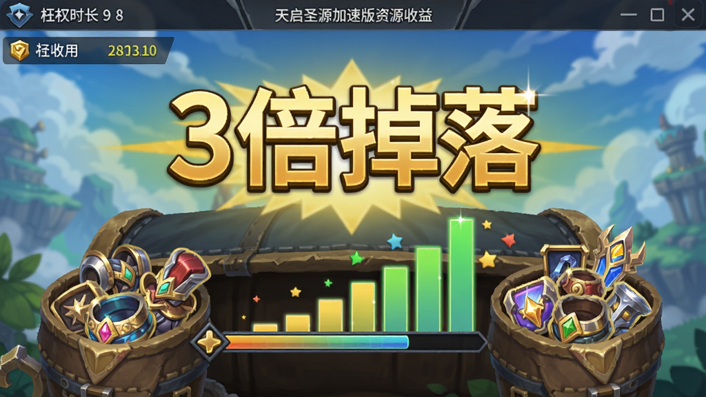 天启圣源加速版资源收益界面,屏幕中央显示“3倍掉落”金色大字,下方有经验条暴涨动画,背包里堆满装备道具,左上角挂机时长统计,整体风格明亮。