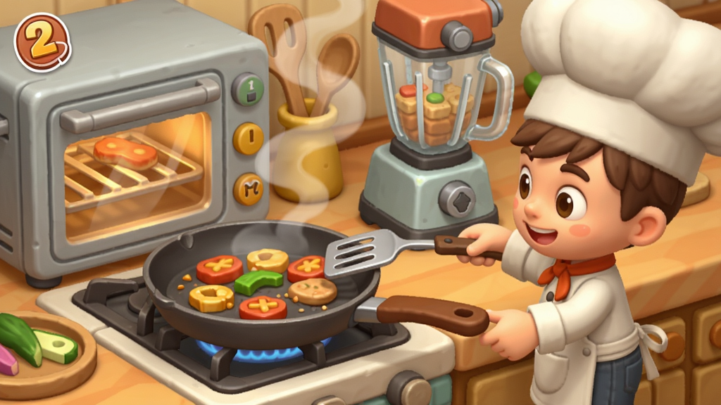 �п�С����2��⿹���չʾ����������һ�����ڼ�ʳ���ƽ�׹����Ա��ǿ���ͽ������������������С��ʦ���ò��ӷ���ʳ�ģ������ǳ���̨�棬ɫ����ů��ϸ�ڷḻ��չʾ��Ϸ�����淨��