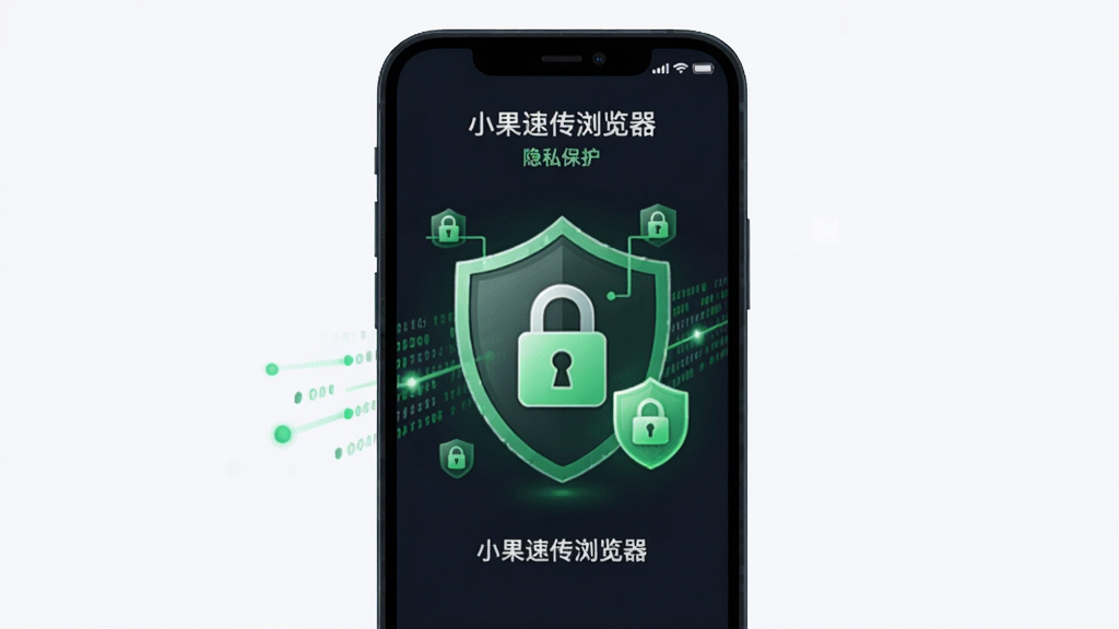 小果速传浏览器隐私保护界面,手机屏幕显示加密锁图标,周围有绿色盾牌,背景有数据流经过加密通道的示意图,整体色调为暗色护眼风格。