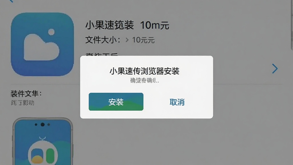 小果速传浏览器安装界面截图,手机屏幕显示安装确认弹窗,底部有“安装”和“取消”按钮,背景为应用详情页,文件大小为十几兆。